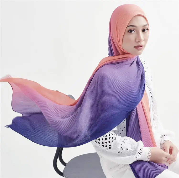 Pañuelo de chifón plisado para mujer, pañuelo para la cabeza, Color degradado, estilo musulmán