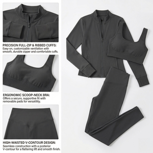 High Quality Tummy <b>Control</b> Yoga Set Women Quick Dry Sportswear Gym Fitness Leggings and Jacket 3 Pcs Set Custom Label OEM - Product Image 2