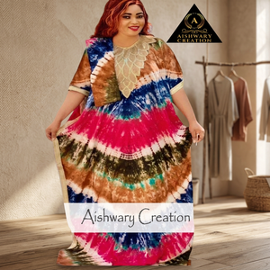 Robe longue tie-dye Aishwary Creation, coupe ample, style bohème, manches courtes, en coton tissé, robe d'été décontractée, ourlet évasé - Product Image 2