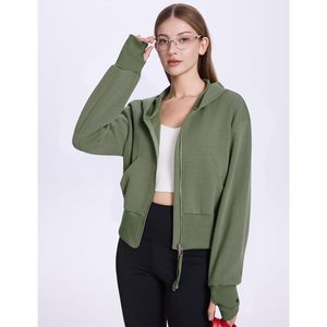 FOXA Women's <b>Cropped</b> <b>Zip</b> <b>Up</b> Hoodie Long Sleeve Drop Shoulder Sweatshirt Casual Ribbed Hem Workout Top With Pockets - Product Image 2