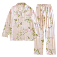 Ensemble de pyjama floral en satin de viscose pour femme, taille élastique, pantalon long, haut de gamme, ample et léger, pour la maison, printemps-automne