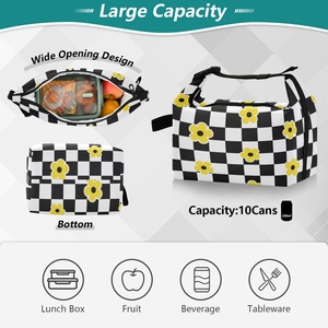 Fashion Small Portable Black White Checkered Design Reusable Lunch Tote Box Bag Custom Design Flower Lunch Cooler Bag for Women - Product Image 5