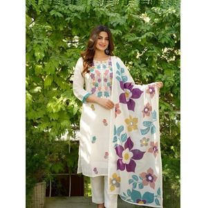 Ensemble de costume 3 pièces élégant en coton brodé avec dupatta imprimé – Tenue ethnique stylée pour femme, idéale pour les fêtes et occasions décontractées, séchage rapide - Product Image 1