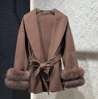 Manteau en laine double face marron avec manchette en fourrure de renard amovible, ceinture, manteau en laine chaud pour l'hiver, veste personnalisée pour femme
