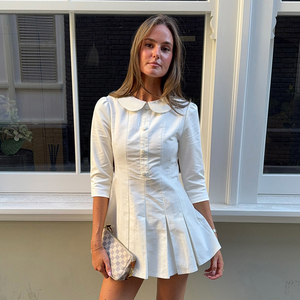 Early Fall New Preppy Peter Pan Collar Button Waist Defining Half Sleeve Pure Pleated Midi <b>Dress</b> for Women - Product Image 1
