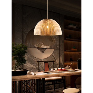 Rattan Pendant <b>Light</b> Round E27 <b>Led</b> Warm <b>Light</b> Single Head Chandelier For <b>Tea</b> Room Restaurant Bar Counter Chinese Pastoral Style - Product Image 3