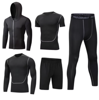 Ensemble de sport cinq pièces pour homme, séchage rapide, manches longues, couleur unie, coupe ajustée, en soie de lait, élasthanne et polyester, pour le fitness