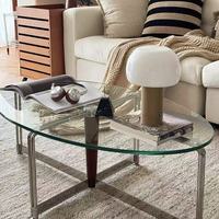 Table basse ovale en verre de style mid-century, table basse minimaliste à structure métallique pour salon