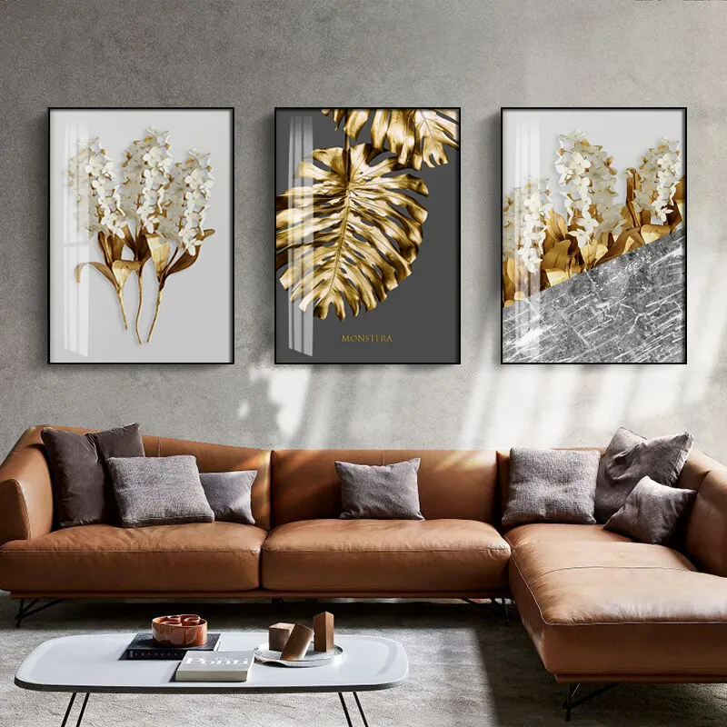 Feathers Poster Wall Picture for Living Room Decor Canvas Painting Print Golden Modern Abstract Leaf Flower Wall Art Black White
