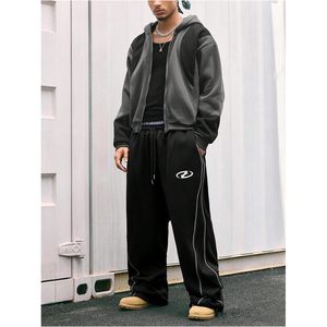 Pantalon de survêtement respirant 100 % polyester pour homme FOXA, taille haute, coupe large, avec cordon de serrage, style streetwear à rayures latérales - Product Image 5
