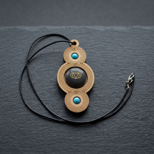 Collier pendentif en bois gravé avec un troisième œil, orné de turquoise et d'agate noire, charme géométrique, style classique, cadeau unisexe - Product Image 3