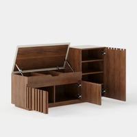 Banc de rangement à chaussures en noyer cannelé de style moderne du milieu du siècle, avec tiroir et porte, meuble d'entrée et organisateur