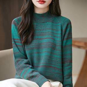 Suéter de cuello alto para mujer, tejido grueso de algodón, otoño-invierno, cuello medio, manga raglán holgada, color liso, capa base - Product Image 4