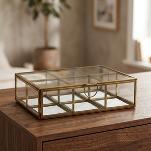 Glass Jewelry Box With Brass Frame And <b>Grid</b> Design For Storage - Product Image 3