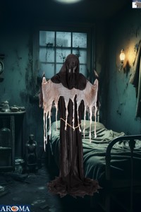 AROMA Sorcière debout de 1,80 m avec chaudron - Effets sonores et yeux blancs clignotants, Décoration d'<span class=keywords><strong>Halloween</strong></span> <span class=keywords><strong>pour</strong></span> fêtes cosplay et magasins éphémères effrayants - Product Image 3
