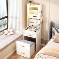 Miroir de coiffeuse pour baie vitrée, petite table de maquillage à rabat, armoire de rangement multifonctionnelle avec comptoir en verre trempé et port USB