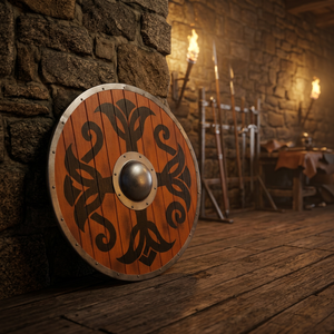 Décoration murale bouclier viking rond, bouclier de bataille médiéval en bois avec boss en métal - Product Image 2