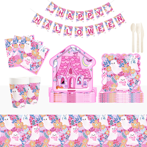 DAMAI Pink Halloween Paper Plates Set Halloween House Theme Party Decorations Paper Plates Cups Napkins for Kids Halloween Party - Product Image 1