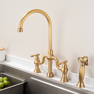 Classic Brass Kitchen Sink <strong>Faucet</strong> with Brushed Finish Traditional Design and Hand Spray for Kitchen Use - Product Image 1