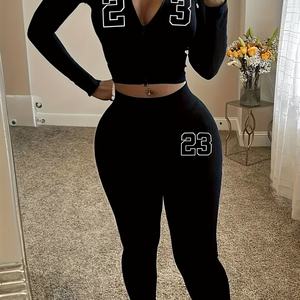 Viviblook Z314ST01 femmes survêtement serré impression numérique fermeture éclair à capuche à manches longues pantalon élastique costume vêtements de sport 2 pièces tenues - Product Image 3