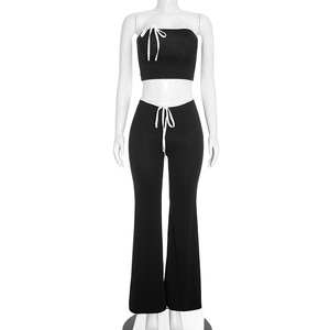 Viviblook Q26ST150 Women New Autumn Set Sexy Sleeveless Color Blocking Strapless <b>Top</b> Flared Pants Two Piece Set - Product Image 5