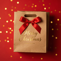 Sac en papier kraft personnalisé écologique pour Noël avec nœud en ruban, sac cadeau brun en gros, emballage de Noël, sac de shopping