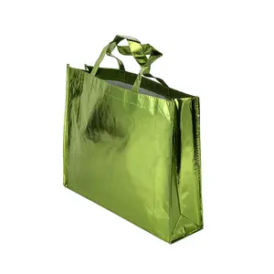 Vente en gros, grand sac fourre-tout d'épicerie étanche, non tissé, holographique, argent métallisé, avec poignées