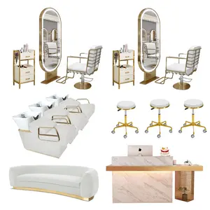 Grosir Paket Furnitur Salon Stasiun Cermin Salon Rambut Emas dan Kursi Salon Penataan