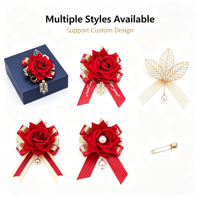 Boutonnière rouge en or rose avec ruban et feuille, motif double bonheur chinois, nouée à la main, pour marié, mariée, mariage, banquet, décoration de revers de costume