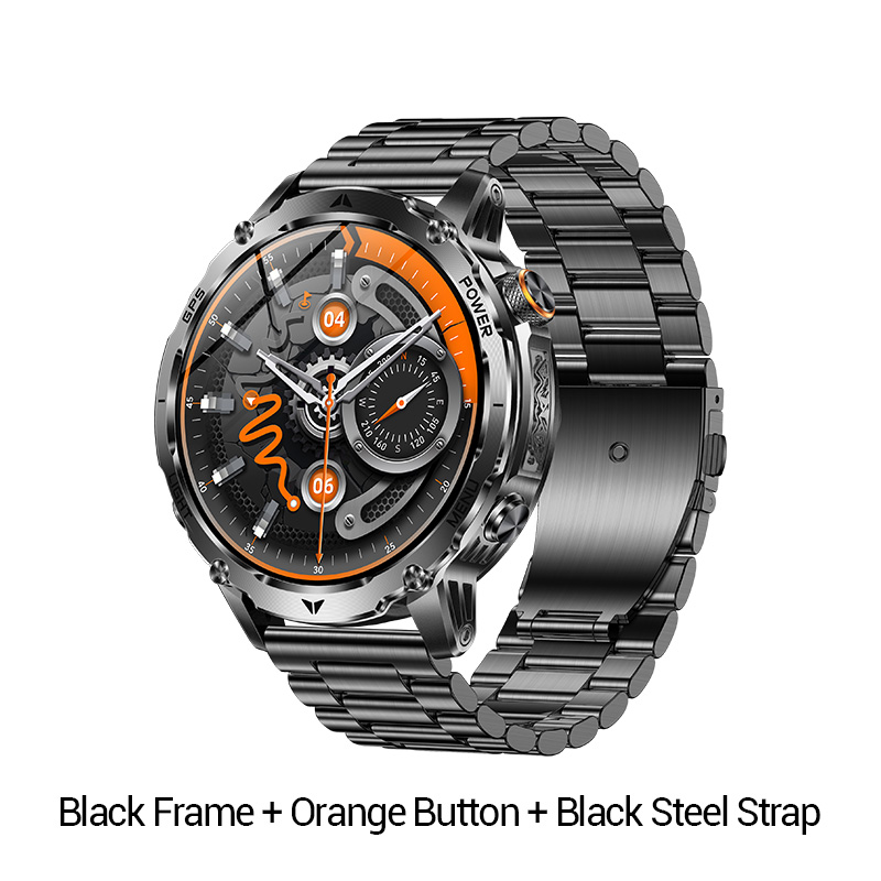 Black Frame + Orange Button + Black Steel Strap