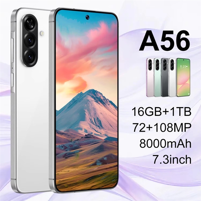 Hot Selling A56 5G Smartphone 7.3 Inch Face Unlock 16GB+1TB Android 14 72+108MP HD Camera Dual Card CDMA Gaming Phone