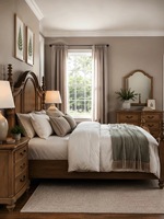 Cadre de lit en bois classique avec tête de lit cintrée sculptée, finition bois foncé pour chambre à coucher