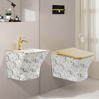 Ensemble WC mural doré en céramique, lavabo mural rectangulaire moderne, sanitaires de salle de bain plaqués or
