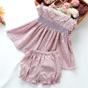 Smocked Baby Clothes C07768 2 Pcs Summer New Born Baby Clothes Sets Girls Smocked Dress Hand Made Ruffles Cotton Kids Clothing Children Wholesale