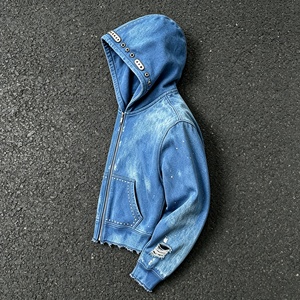 Men's Blue <b>Hooded</b> Zip-Up <b>Fleece</b> <b>Jacket</b> With Pockets Frayed Hem Rivet Details Regular Fit Knitted Fabric - Product Image 3