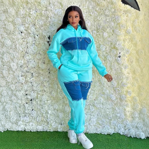 2026 New Urban Streetwear <strong>Denim</strong> Patchwork Tracksuit <strong>Women</strong> Color Block Hoodie and <strong>Joggers</strong> 2 Piece Set - Product Image 3