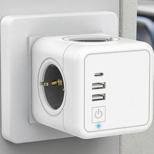 ปลั๊กแปลงไฟแบบยุโรป 4 ช่องเสียบ EU พร้อมที่ชาร์จแบบพกพา 2USB1C รองรับกระแสไฟ 16A ปลั๊กไฟแบบพกพา 4 ช่องเสียบ - Product Image 1
