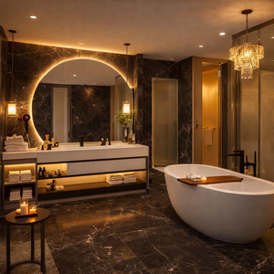 Modern Duvara Monte Çift Lavabolu Banyo Dolabı Seti, Büyük LED Aynalı ve Asma Dolaplı Lüks Banyo Mobilya Seti - Product Image 1