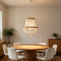 Lustre à perles de bois blanc, suspension double anneau, finition bois naturel, lampe longue moderne à suspension moyenne pour salon
