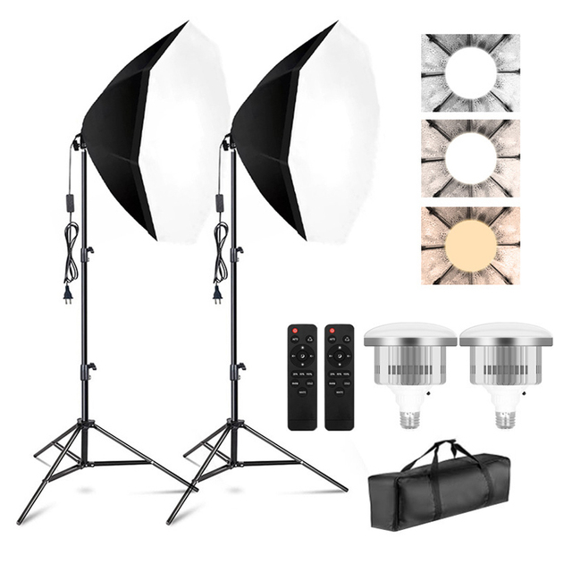 KAMPHO Softbox Lighting Kit, 70cm 2700-5500K Warm/Soft/Cold Color Temperature Octagon Soft Box with 85W/150W E27 LED Bulbs