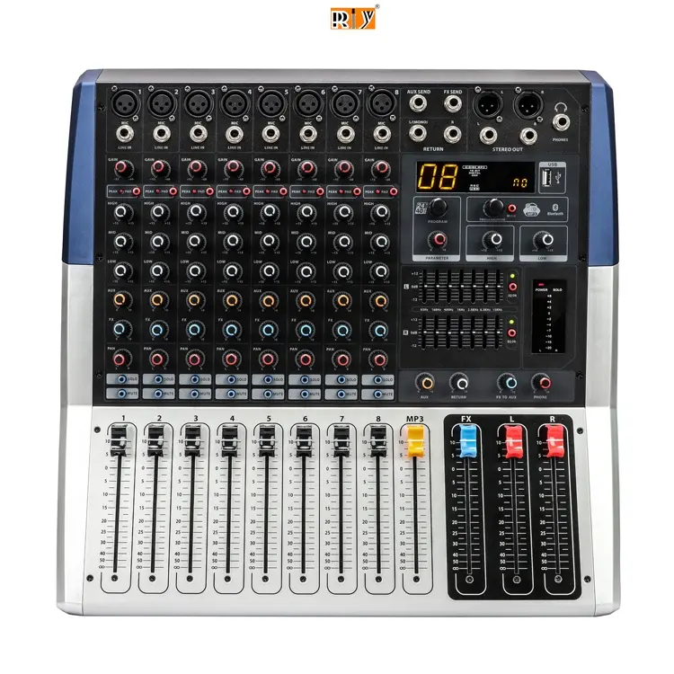 KV desain baru 8-channel Dj Mixer 16 Dsp efek dengan Dual 7 band Eq utama Output Mixer Audio untuk Dj panggung