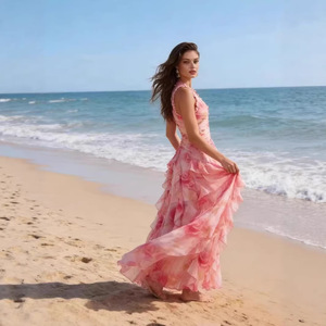Vestido de Noche Largo Elegante de Gasa Estampada con Hombros Descubiertos, Cintura Imperio y Capa Transparente para Mujer - Product Image 2