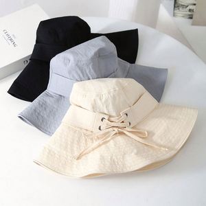 2025 Spring Summer New Solid Color Simple Wide Brim Bucket <b>Hat</b> Women Breathable Bow Design Travel Sunshade <b>Hat</b> - Product Image 3