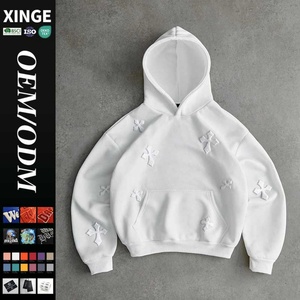 Sweat à capuche personnalisé en coton épais 450 g/m² avec motif croisé en relief, style streetwear, coupe oversize à épaules tombantes et coupe carrée, 100 % coton pour homme - Product Image 1