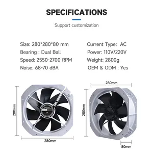 28080 1130CFM büyük hava akışı egzoz fanı çift bilyalı rulman Metal 280*280*80mm 230V endüstriyel AC eksenel soğutma fanı