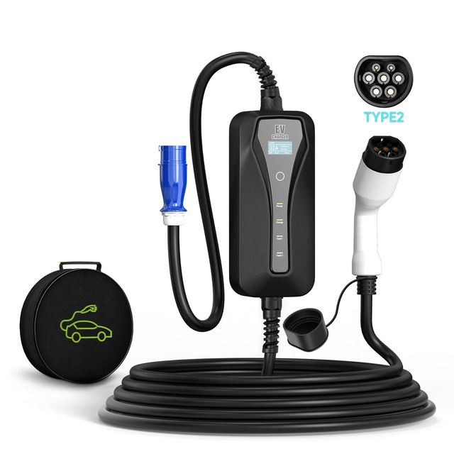 New Electric Vehicle Charger Type 2 32 Amp Fast Portable EVSE, CEE Plug 220V-240V Car Charging Cable, IEC 62196-2,J1772