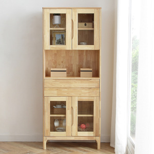 Solid Wood Wine Cabinet Nordic Style Living Room Storage Cabinet With Glass <b>Doors</b> Pine Wood Natural Color <b>Standing</b> Cabinet - Product Image 3