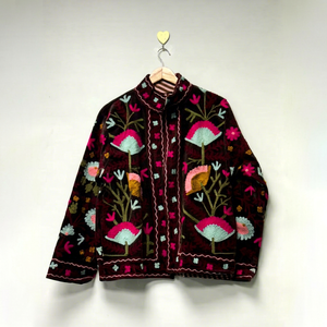 Handmade Brown <b>Velvet</b> Suzani Embroidered <b>Jacket</b> with Floral Pattern Full Sleeve Stand Collar Bohemian <b>Women's</b> Autumn Outerwear - Product Image 1
