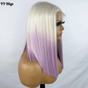 Parrucche frontali in pizzo sintetico 13x4 per <span class=keywords><strong>capelli</strong></span> corti Futura <span class=keywords><strong>viola</strong></span> Ombre bianco taglio corto parrucche diritte resistenti al calore per donna - Product Image 4