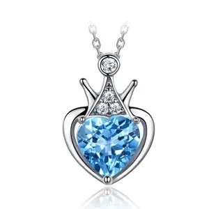 CZ Stone Zircon Crown Blue Topaz Heart Pendant Necklace 925 Sterling Silver Necklace